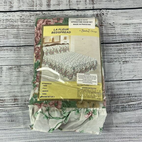 Vintage Le Fleur Springtime Pillow Sham Set Pink Green Floral Granny Core Ruffle - Picture 3 of 16